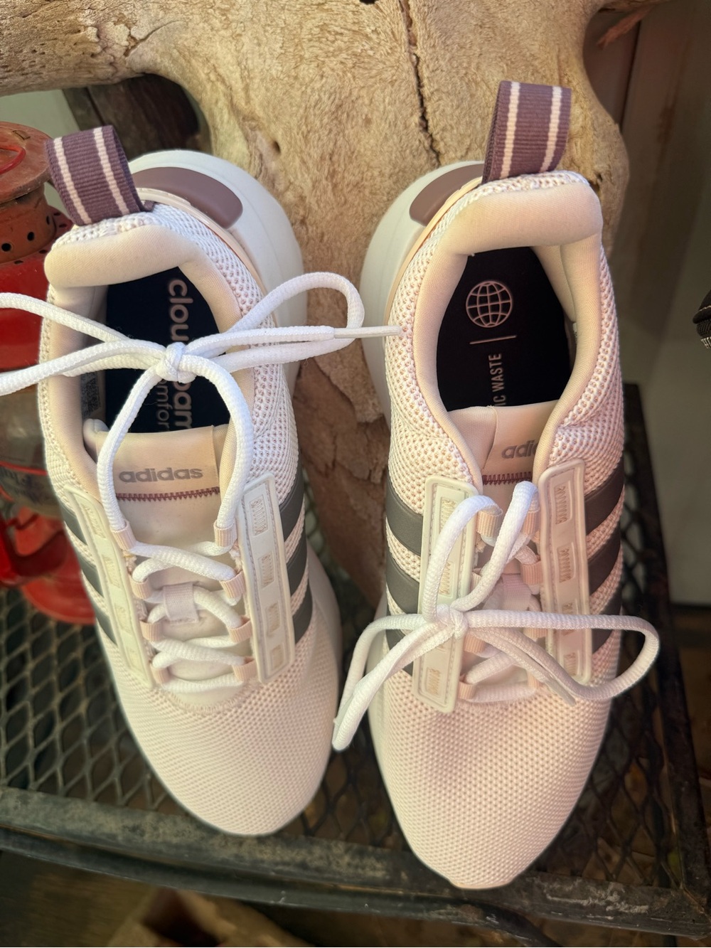 adidas TR21 Women’s Cloudfoam Sneakers in White and Gray with Purple Heel Tab